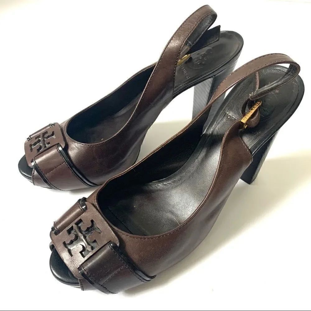 Tory Burch Leather Peep Toe Logo Heels Pumps
